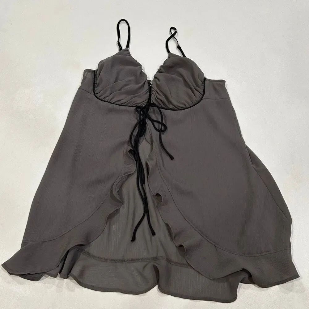 Free People Intimately Slip Dress Gray Ruffle Hem Tie Front Size S